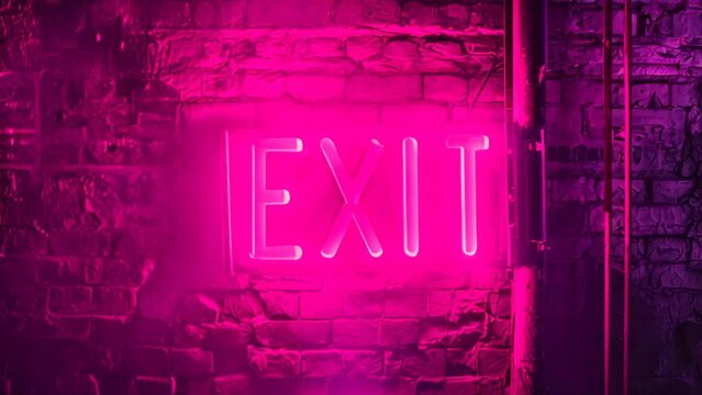Pink neon exit sign with brick wall underground animation