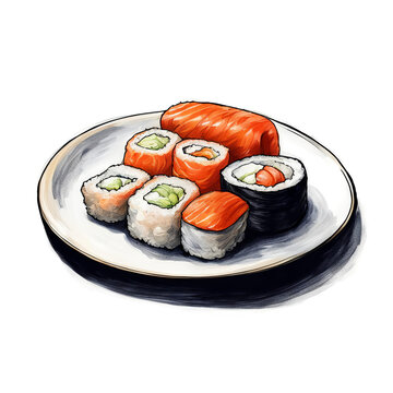 sushi, rolls, oriental food, rice and fish dish. artificial intelligence generator, AI, neural network image. background for the design.