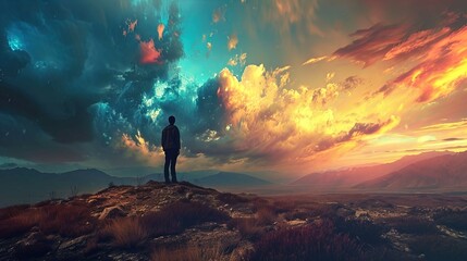 Obraz na płótnie Canvas A solitary figure stands atop a hill overlooking a vast landscape during sunset. The person is seen from behind and appears contemplative or reflective. They are dressed in casual clothing, including 