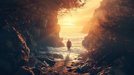A solitary figure stands on a rocky beach at the entrance to a cove, with sunlight streaming in from the horizon of a calm sea. The sun casts a golden glow over the scene, backlighting the individual  - Powered by Adobe