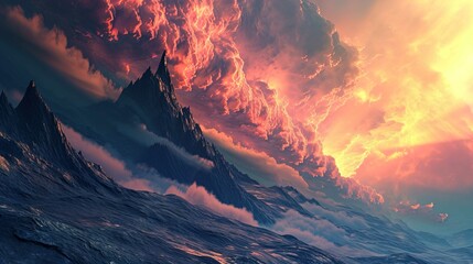A dramatic and surreal landscape displaying jagged mountain peaks with a fiery and vibrant sky above them. The sky is a mixture of intense oranges, reds, and yellows, resembling flames and molten lava - obrazy, fototapety, plakaty