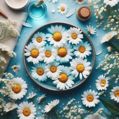Chamomile flowers on a background of blue water. Top view, flat lay