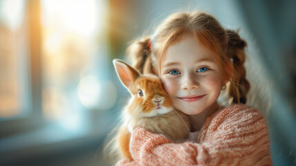 A child holding a bunny, illustrating a festive Easter holiday moment, with the warmth of spring. Ai generative