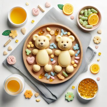 Children's vitamins in the form of bears on a white background. Top view, flat lay