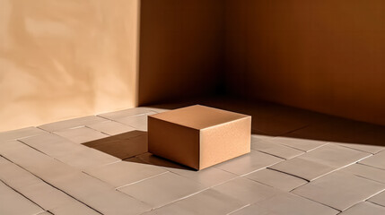 An empty cardboard box casting a shadow with a window cutout