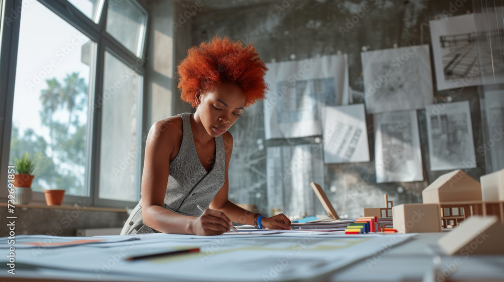 Poster focused woman with short red hair is working on architectural drawings at a drafting table with sket