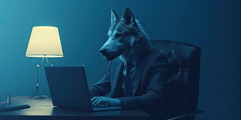 Animal wearing a suit working on a laptop computer in an office cubicle