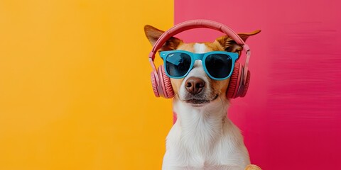 Puppy dog wearing sunglasses and headphones on colorful background for summer music and podcasting...