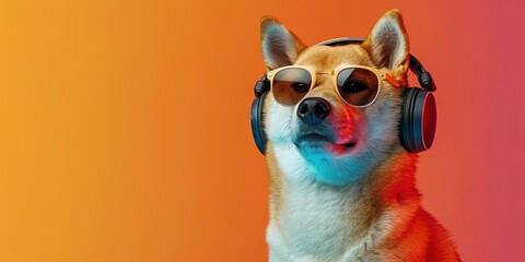 Shiba Inu dog (doge) wearing sunglasses and headphones on colorful background for summer music and podcasting concept - obrazy, fototapety, plakaty