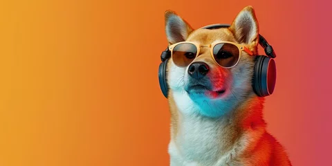 Poster Shiba Inu dog (doge) wearing sunglasses and headphones on colorful background for summer music and podcasting concept © Brian