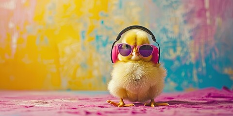 baby chick bird wearing sunglasses and headphones on colorful background for summer music and podcasting concept