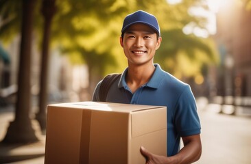 Smiling asian delivery man in blue cap holding a cardboard box on city street background - obrazy, fototapety, plakaty
