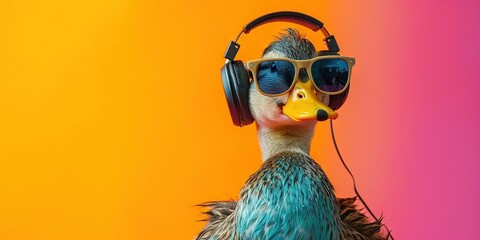 duck wearing sunglasses and headphones on colorful background for summer music and podcasting concept - obrazy, fototapety, plakaty
