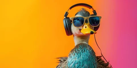 Poster duck wearing sunglasses and headphones on colorful background for summer music and podcasting concept © Brian