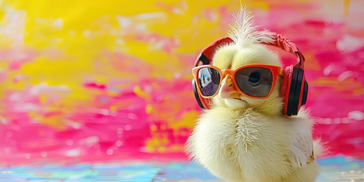 baby chick bird wearing sunglasses and headphones on colorful background for summer music and podcasting concept