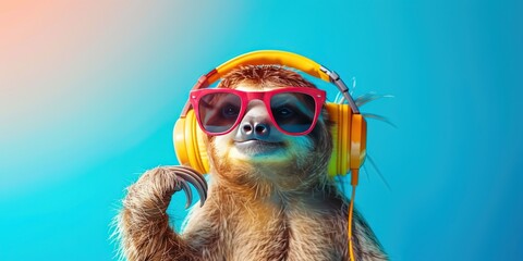Sloth wearing sunglasses and headphones on colorful background for summer music and podcasting concept