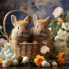 Two easter bunnies in a wicker basket with flowers