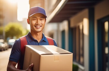 Smiling asian delivery man in blue cap holding a cardboard box on city street background - obrazy, fototapety, plakaty
