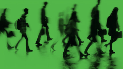 Obraz premium Walking people blurred silhouettes on a green background. Motion outlines of a persons out of focus