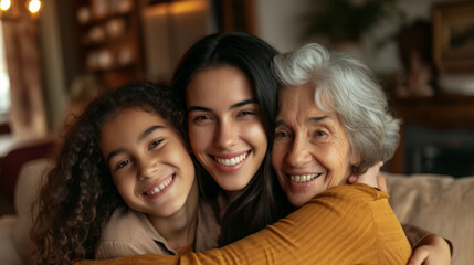 Fototapeta premium generations of females—a child, her mother, and grandmother—are sharing a close and joyful embrace, smiling brightly and exuding warmth and happiness.