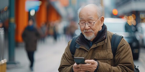 Older asian man using smartphone texting and social media while wandering the city. Urban background
