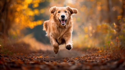 Happy golden retriever running in the park in the autumn light, fallen leaves, yellow, green and orange color blurred background, a pet and its owner's healthy walk on a nice morning or afternoon