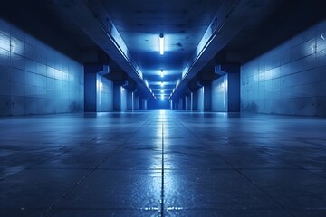 Empty underground background with blue lighting with space for text or product. - obrazy, fototapety, plakaty