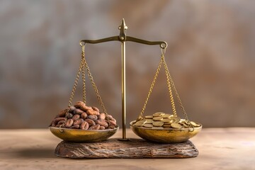 scales, cocoa beans on one bowl, gold coins on the other