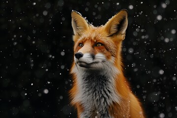 Portrait of a fox on a black background with falling snow.