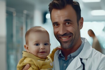 smiling male doctor with baby at hospital or medical clinic and looking at camera
