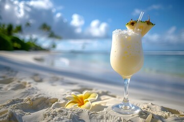 Pina colada cocktail on the beach with blue sky and sea background. Exotic background cocktail