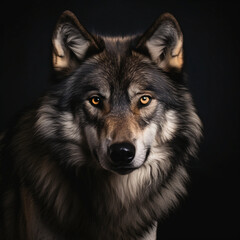 Portrait of a wolf looking straight on a dark background, close up view Job ID: da3b3ee5-f226-4c41-9764-31dda4379720