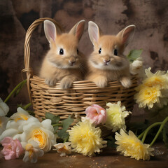 Two easter bunnies in a wicker basket with flowers