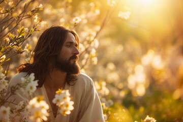 Fototapeta premium Photorealistic portrait of a Jesus Christ in a spring garden. With space for text