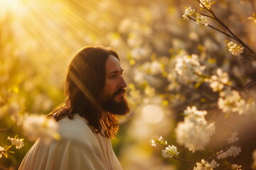 Photorealistic portrait of a Jesus Christ in a spring garden. With space for text