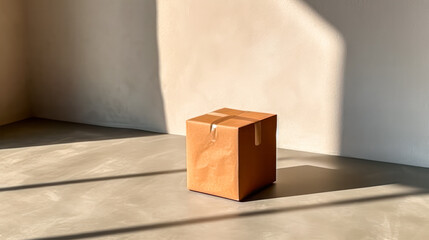 An empty cardboard box casting a shadow with a window cutout