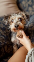 Adorable portrait 9:16 of a yorkshire terrier puppy giving its paw to hold the hand of its owner, the woman is holding her cute little dog's leg, the pet is looking at her tenderly, sitting on a sofa