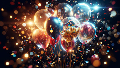Festive happy birthday background with colorful balloons and shiny confetti