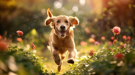 Cute golden retriever running happily in a park or garden in the spring or summer light, green color blurred background, a pet and its owner's enjoying a healthy walk on a nice morning or afternoon