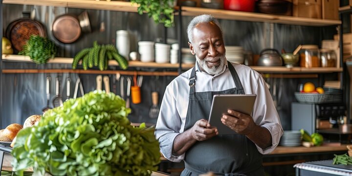 older black man using tablet in the kitchen. Restaurant and home cooking concept