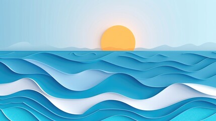 Blue sea and beach summer banner background with abstract ripple paper cut style