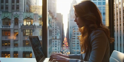 Woman business executive working on laptop computer in a modern office at dawn
