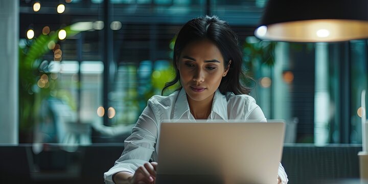 Asian Woman business executive working on laptop computer in a modern office