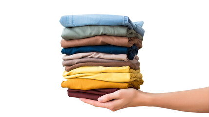 Hands holding a stack clothes, on transparent background