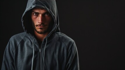 Fototapeta na wymiar Fit young man wearing stylish hoodie isolated on black background