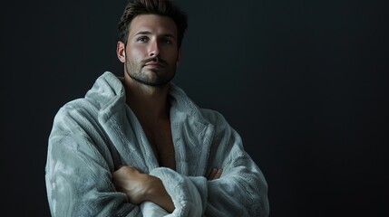 Fit young man wearing stylish soft plush robe isolated on black background