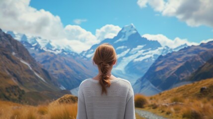 A woman stands with her back and admires the view of snowy mountains. A traveler traveling on vacation in the most beautiful place in the world. Winter vacation