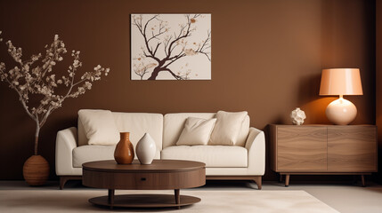 Tranquil Living Room with Cream Sofa, Wooden Accents, and Botanical Artwork