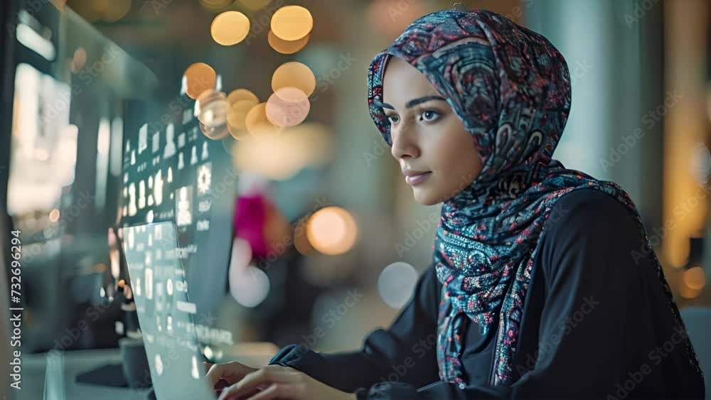 Poster a beautiful short arab project manager working on a computer in the office augmented reality social 
