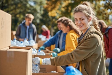 A young woman with a bright smile participates in a community recycling drive, contributing to a sustainable environment by sorting plastics.